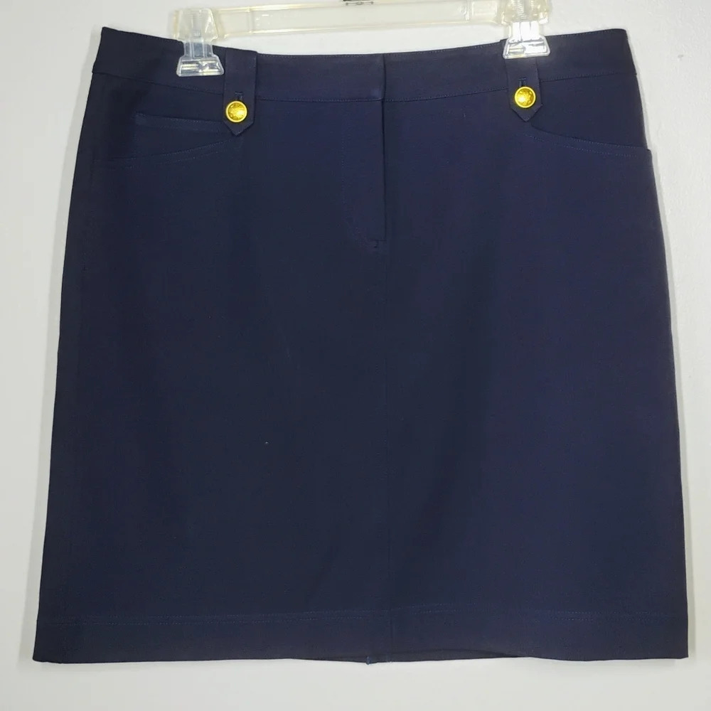 J McLaughlin Nautical Preppy Navy Blue Mini Pencil Skirt Compass Buttons Size 12